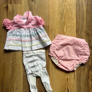 Vintage 80s Cotton Candy pink ruffle baby dress top and bloomers set with tights